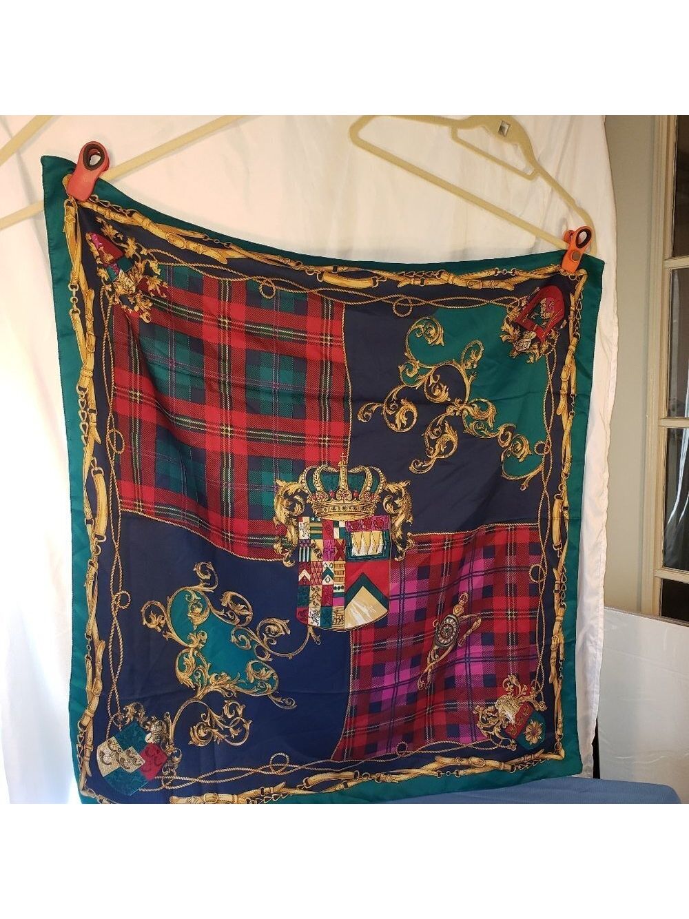 100% Silk Square Scarf W/Paisley And Plaid Pattern In Green, Red, Purple, & Blue